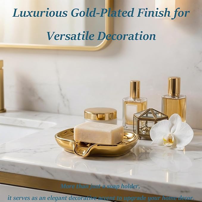 Gold-Plated Ceramic Soap Dish, Self-Draining Bar Soap Holder with U-Shaped Drainage, Decorative Soap Tray for Bathroom Shower & Kitchen Sink