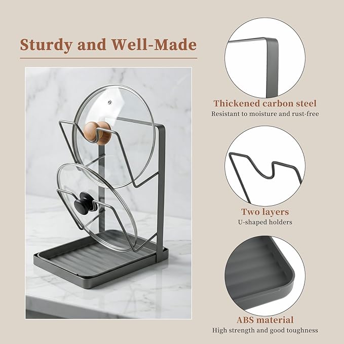 304 Stainless Steel Pot Lid Holder 2-Tier Heavy Duty Pot Lid Multifunctional Kitchen Countertop Kitchen Pot Lid Storage Rack Multifunctional Pots Lids Organizer Rack with Removable Drip Tray