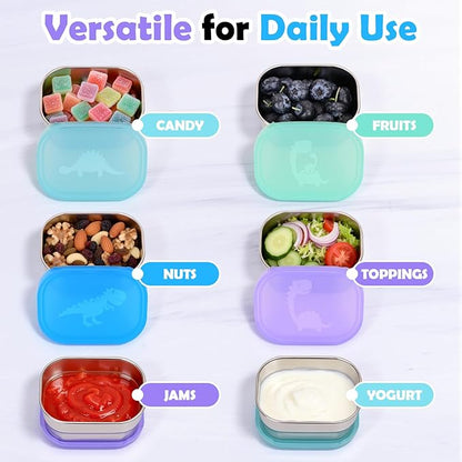 Tanjiae 4×8oz Small Stainless Steel Snack Containers for Kids & Toddlers - 230mL Leakproof Food Containers with Cute Dino Lids | LFGB Certified, Stackable Metal Snack Box for Daycare, School, Travel