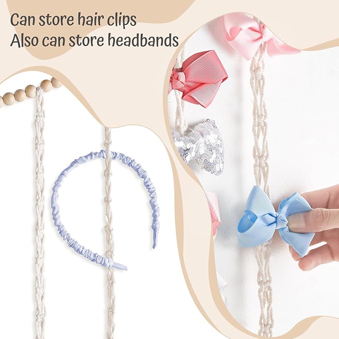 Dahey Macrame Bow Holder Hanging Hair Bow Organizer for Baby Girls Boho Wall Decor Handmade Headband Holder with wood beads Storage Hair Clips for Baby Nursery Room,1 PCS, Clips and Bows Not Included