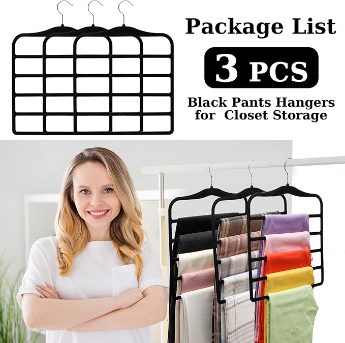 Closet Organizers and Storage, 3 Pack Pants-Hangers-Space-Saving, Velvet Non Silp 5 Tier Scarf Jeans Closet Organizer,Dorm Room Essentials for College Students Girls Boys Guys,Organization and Storage