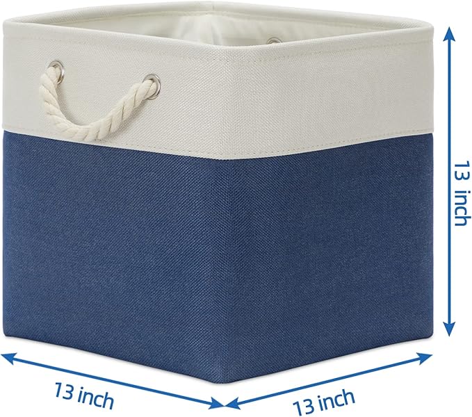 Temary Storage Baskets for Shelves 13x13 Baskets for Gifts Empty, 4 Pack Shelf Baskets Large Storage Baskets Cube Storage Bins Fabric Storage Cubes with Handles for Shelves (White&Blue)