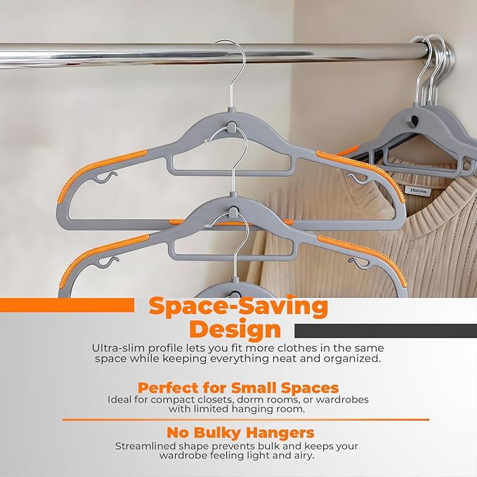 Plastic Hangers 100 Pack, Cascading Slim Space Saving Clothing Hangers with 360° Rotating Hook, Non Slip Clothes Hangers for Sweater Shirt, Heavy Duty Coat Hanger with Inner Hook for Closet, Grey