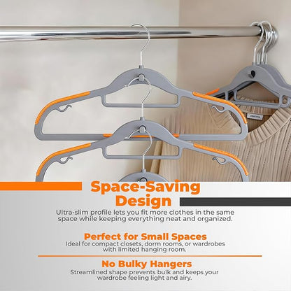 Plastic Hangers 50 Pack, Cascading Slim Space Saving Clothing Hangers with 360° Rotating Hook, Non Slip Clothes Hangers for Sweater Shirt, Heavy Duty Coat Hanger with Inner Hook for Closet, Grey