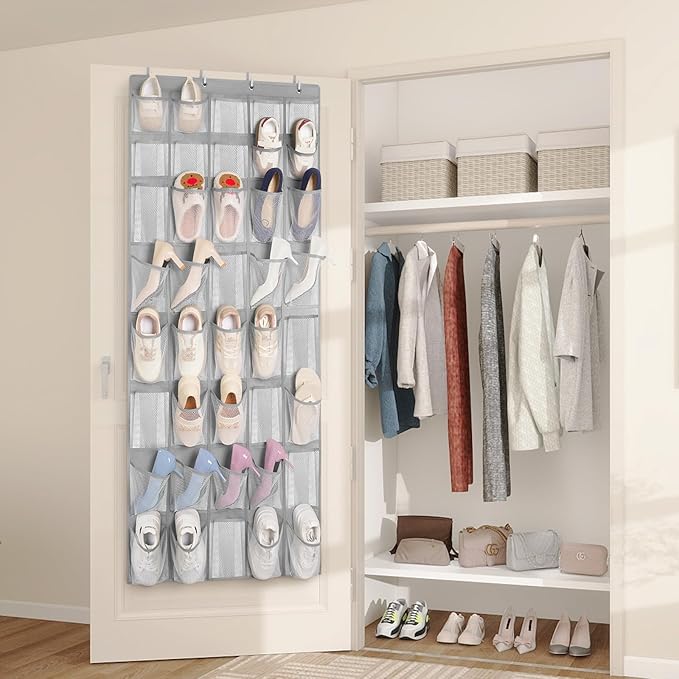 FENTEC 40 Large Pockets Over The Door Shoe Organizer, Mesh Hanging Shoe Organizer Shoe Rack for Closet Mesh Closet Shoe Holder, Over Door Organizer, Shoe Organizer for Wall, Grey, 1 Pack