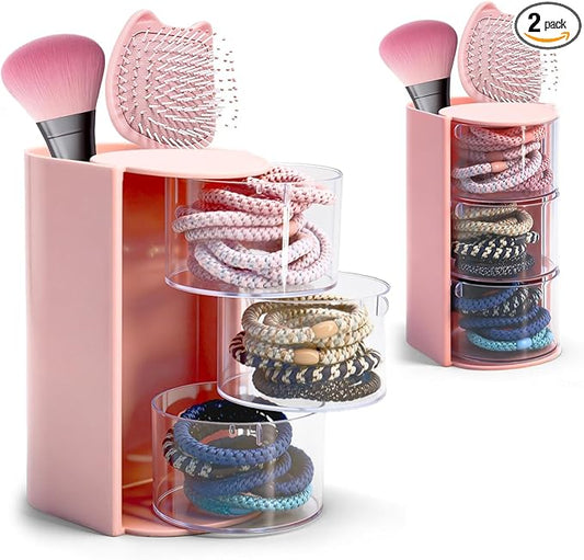 2 Pcs Hair Accessories Organizer with Hair Brush Holder, 3-Tier Rotating Makeup Brush Organizer, Hair Tie Hair Clip Organizer, Jewelry Hair Storage Organizer for Girls, Pink