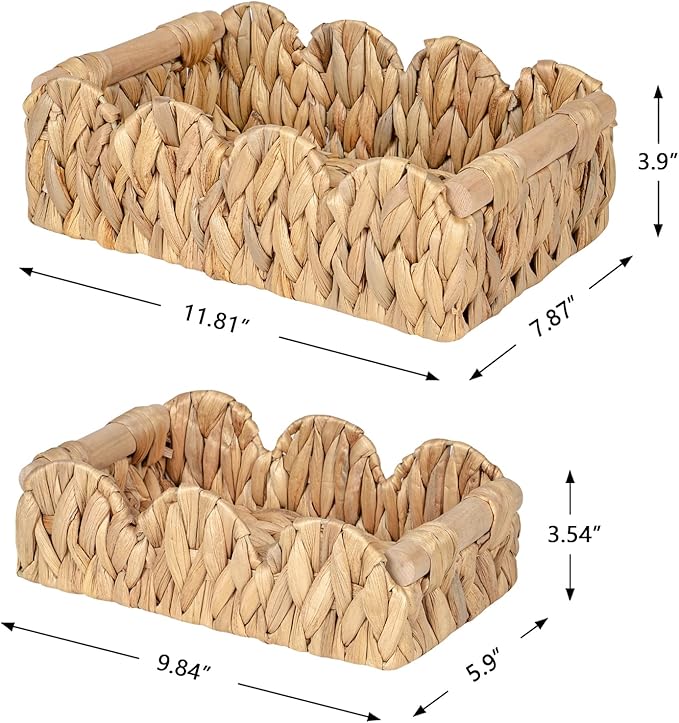 Kriitools Scalloped Wicker Rattan Baskets for Shelf, Toilet Paper Storage Basket for Over Toilet Storage Shelf, End Table, Living Room, Bedroom, Shelves, Handwoven Farmhouse Home Decor, Natural Set 2