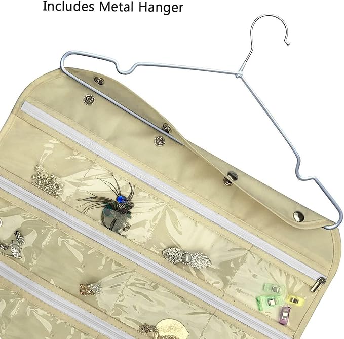 BB Brotrade Hanging Jewelry Organizer,Double Sided Jewelry Storage Organizer,80 Zipper Clear PVC Pockets for Holding Necklaces, Bracelets, Rings, Earrings