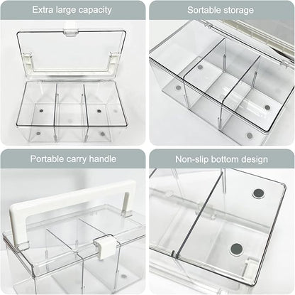 KIMCHOMERSE Large Qtip Holder, Cosmetic Organizer with Carry Handle, Adjustable 3 Compartments Qtip Dispenser for Swabs, Cotton Pads, Small Items Storage Organizer for Desktops and Drawers - Clear