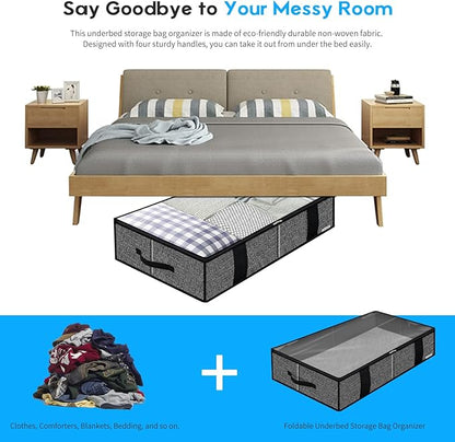 Onlyeasy Underbed Fabric Storage Bags Organizer with 4 Handles, 2 Zippers and Large Clear Window, for Clothes, Blankets, Bedding, Foldable with Sturdy Structure, 2 Pack, Linen-like Black, MXAUBBSS2P