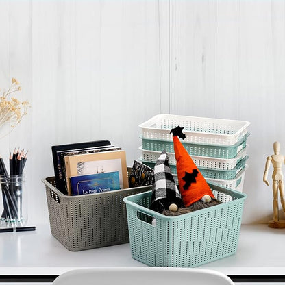 WUWEOT 9 Pack Plastic Storage Basket Bins Organizer, Cabinet and Shelf Basket with Handle,10" L x 6.8" W x 5.5" H, 3 Colors