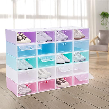 20 PCS Shoe Storage Boxes,Clear Plastic Colorful Shoebox Stackable Shoe Organizer Foldable Display Box Container Closet Shelf Display Case Ventilation
