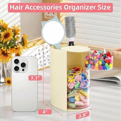 Hair Accessories Organizer with Hair Brush Holder, Rotatable Makeup Brush and Jewelry Storage Box for Hair Clips, Earrings, Necklaces, Bracelets, Rings, and Daily Accessories (Off White,3-Layer)