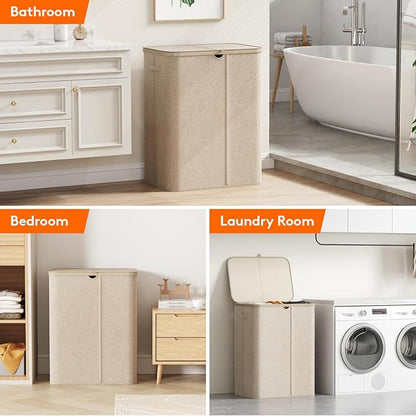 Lifewit 185L Large 3 Section Laundry Hamper with Lid, Plastic Laundry Basket with Bamboo Handles and Removable Bags, Tall Foldable Clothes Hamper for Bathroom Bedroom, Beige