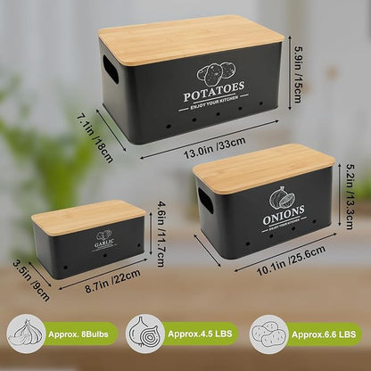 Kitchen Vegetable Storage Set of 3, Metal Onion Garlic Potato Storage Set, Kitchen Canisters Vegetable Keeper Containers with Aerating Holes and Wooden Lid (Black)