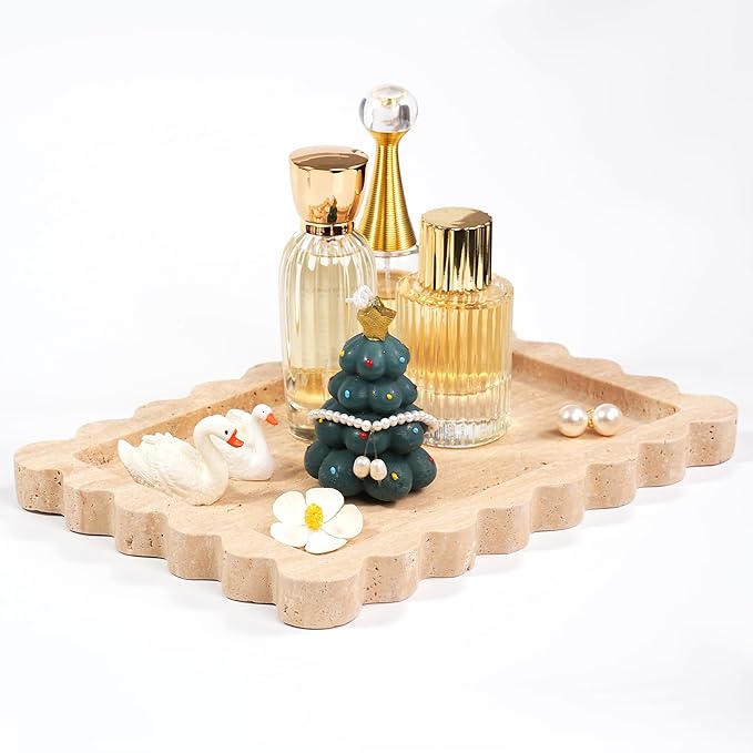 Scalloped Travertine Marble Tray - Large Home Decorative Stone Vanity Perfume Plates for Bathroom Accessories Coffee Table, Dresser Dish for Kitchen Countertop (10.6" x 7.4"x 0.8")