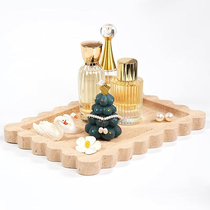 Scalloped Travertine Marble Tray - Large Home Decorative Stone Vanity Perfume Plates for Bathroom Accessories Coffee Table, Dresser Dish for Kitchen Countertop (10.6" x 7.4"x 0.8")