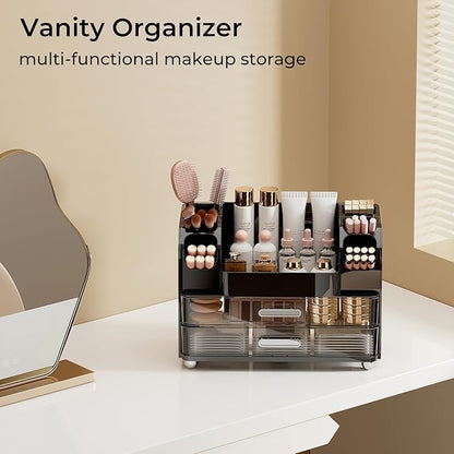 Makeup Organizer for Vanity with 2 Large Drawers, Cosmetic Display Case with Brush Holders, Easy to Storage for Bathroom Countertop Skincare, Perfume, Black