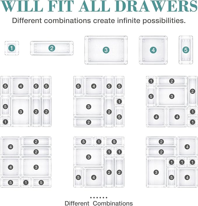 StorMiracle 25 PCS Drawer Organizer Set, 4 Varied Size Bathroom and kitchen Drawer cabinet organizer Trays, Clear Storage Bins for Makeup, Jewelry, Utensils and Gadgets