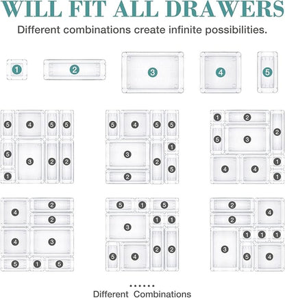 StorMiracle 25 PCS Drawer Organizer Set, 4 Varied Size Bathroom and kitchen Drawer cabinet organizer Trays, Clear Storage Bins for Makeup, Jewelry, Utensils and Gadgets
