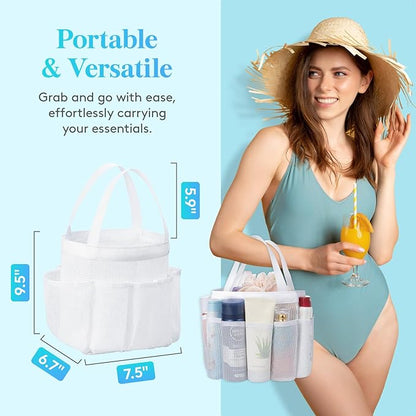 Lifewit Mesh Shower Caddy Portable for College Dorm Room Essentials with 7 Pockets, Freestanding Hanging Organizer Basket, Quick Dry Tote Bag for Camping, Bathroom, Beach, Travel, 1 Pack, White