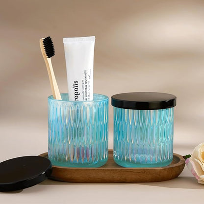 Qtip Holder for Bathroom set of 2, Clear Glass Apothecary Jars with Lids, Bathroom Canisters for Cotton Balls,Swabs,Floss Picks,Hair Ties,Vanity Organizer and Storage,Vintage Decor (Blue)