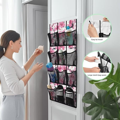 Pink Flower Over The Door Shoe Organizer,Hanging Shoe Organizer for Door with 12 Mesh Pockets,Breathable Organizer Storage Bag,Shoe Rack for Door Sneaker Hanger Boot Storage