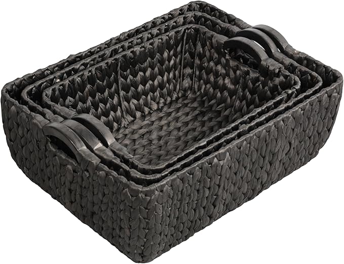 happimess BSK2020C-3SET Astor Bohemian Farmhouse Handwoven Water Hyacinth Nesting Storage Baskets with Wood Handles, Seagrass Containers for Decoration in Living Room, Bedroom, Black (Set of 3)