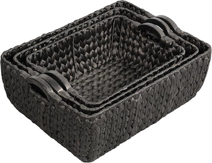 happimess BSK2020C-3SET Astor Bohemian Farmhouse Handwoven Water Hyacinth Nesting Storage Baskets with Wood Handles, Seagrass Containers for Decoration in Living Room, Bedroom, Black (Set of 3)