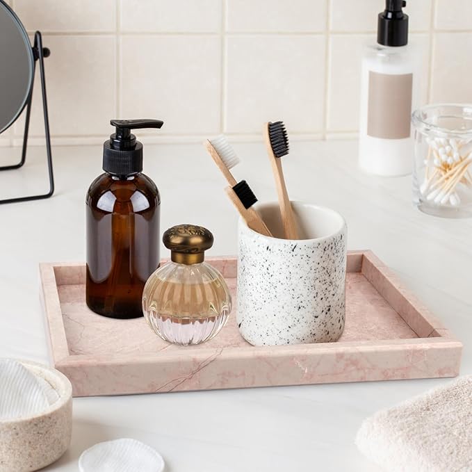 Marble Bathroom Vanity Tray, Natural Luxury Vanity Home Kitchen Bathroom Table Tray, Stone Decorative Countertop Dresser Trays for Key Coffee Perfume Jewelry Makeup (Pink/Cream Rose, 12"x 8" x1.2")