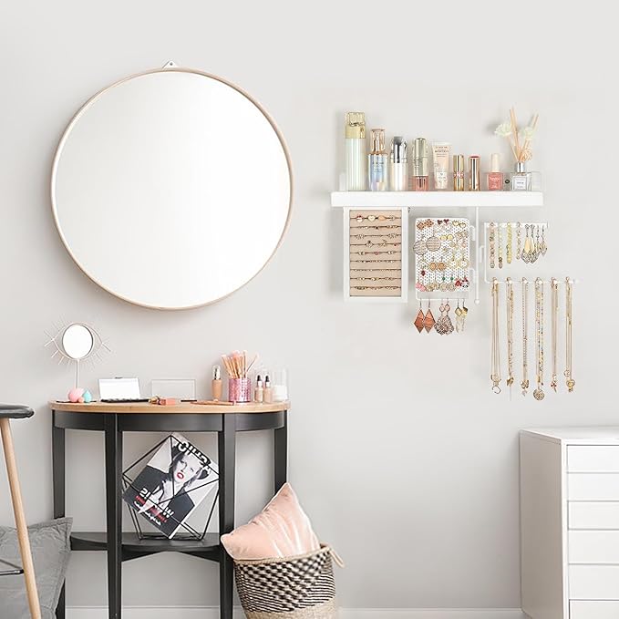 SOLIMINTR Hanging Jewelry Organizer Wall Mount with Rustic Wood Shelf, Ring Display Box, Ear Studs Earring Holder, Rotating Necklace Holder Organizer White