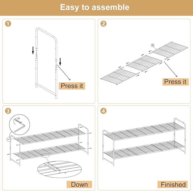 KEETDY 2-Tier Long Shoe Rack for Closet Metal Shoe Organizer for Entryway, Wide Stackable Shoe Storage Shelf with Sturdy Wire Grid for Closet Floor, Bedroom, White