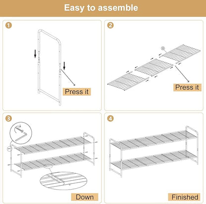 KEETDY 2-Tier Long Shoe Rack for Closet Metal Shoe Organizer for Entryway, Wide Stackable Shoe Storage Shelf with Sturdy Wire Grid for Closet Floor, Bedroom, White