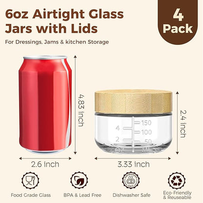6oz Glass Jars with Airtight Lids - 4 Pack Overnight Oats Containers with Bamboo Lids, Small Food Containers with Measurement for Yogurt, Salad, Chia, Wide Mouth Mason Jar with Lid for Food Storage
