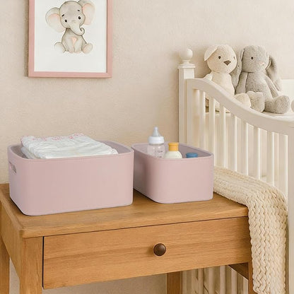 HofferRuffer Faux Leather Storage Baskets Bins with Velvet Lining for Organizing, Storage, Gifts, Set of 3 Nesting Shelf Baskets Decorative Storage Boxes for Home Organization (Pink)