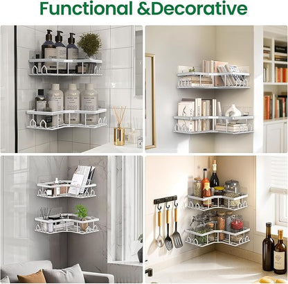 Adhesive Shower Caddy, 2 Pack Corner Bath Organizer, Rustproof Stainless Steel Shower Shelves with Large Capacity, No Drilling Shelves for Bathroom Storage, Home, Kitchen Décor (White).