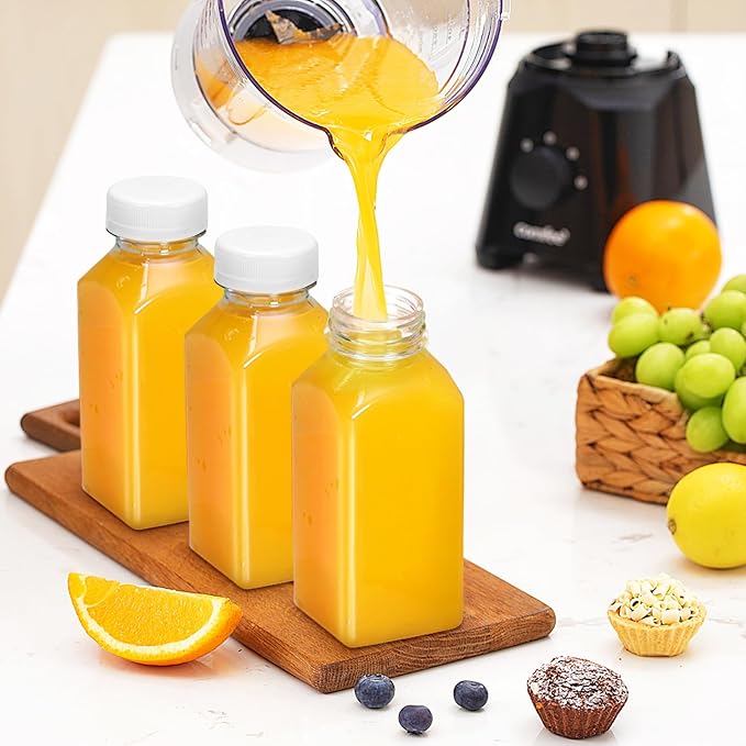 6PCS 8oz Reusable Plastic Juice Bottles with White Tamper Proof Lids, Brush, Funnel & Labels - Clear Juice Containers for Juicing, Smoothies & Homemade Beverages