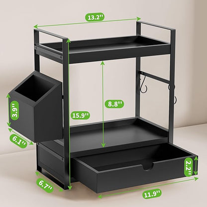 Kottwca 2-Tier Bathroom Counter Organizer with Drawer, Basket & Hooks, Wooden Vanity Shelf for Skincare, Perfume & Makeup Storage(Black)