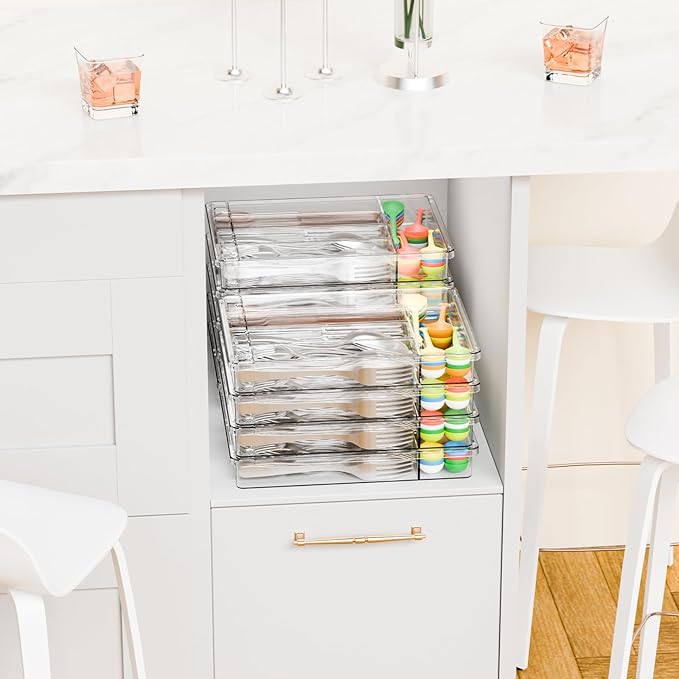Yieach Clear Silverware Organizer with Lid - 9 inch Wide - Small Silverware Drawer Organizer & Tray and Utensil Drawer Organizers with Lid,BPA Free Plastic Flatware Drawers Organizers for Fork,Spoon