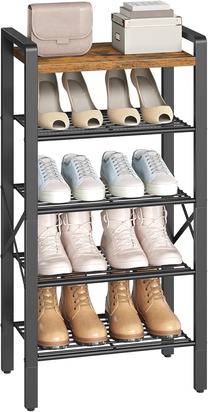 YATINEY 5-Tier Narrow Shoe Rack, Tall Shoe Rack for 5-10 Pairs, Slim Shoe Storage Organizer with Wooden Top, Space Saving, Metal Frame, for Entryway, Rustic Brown and Black SS65BR