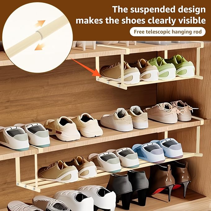 Shoe Storage Rack Retractable, Space Saving Hanging Shoe Organizer Shelves, Expandable Hanging Shoe Rack Organizer for Pantry, Laundry Room, Desk, Cabinet, Bookshelf