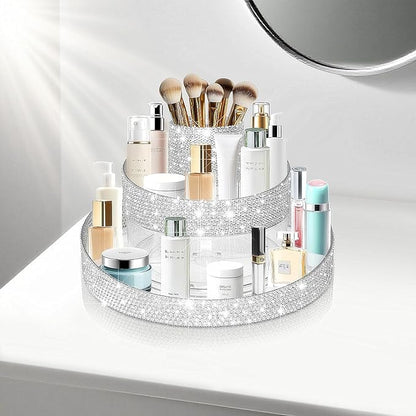 Bling 360 Rotating Makeup Organizer,Shiny Lazy Susan Cosmetic Storage Turntable for Skincare,Perfume & Lipstick,Glitter Round Spinning Tray with Brush Holder for Vanity,Bathroom (10"L x 10"W)