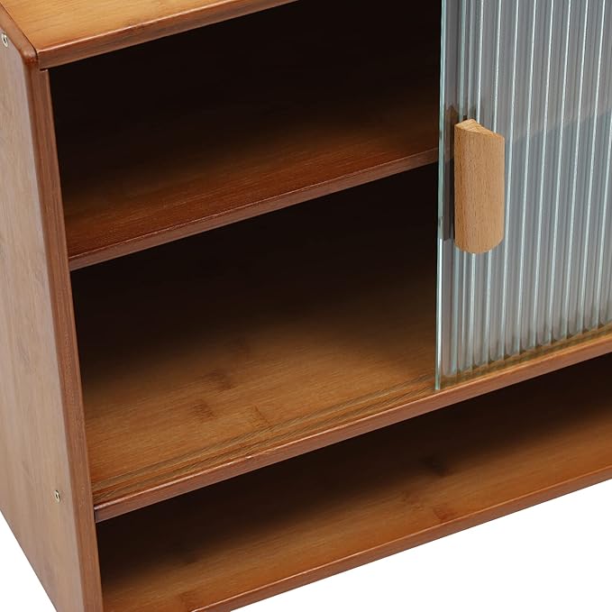 OUKANING 3 Tiers Small Bamboo Kitchen Pantry Sideboard with 2 Sliding Striped Glass Doors, Freestanding Kitchen Pantry Cabinet for Bottle, Dish, Bowl Console Dining Cupboard, Tea-Colored