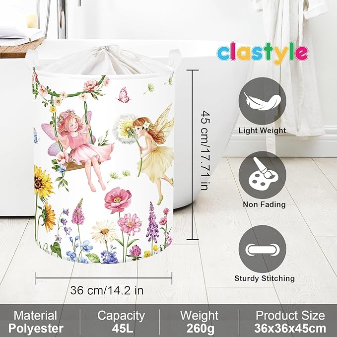 Clastyle Lovely Princess Laundry Basket Kids Clothes Book Storage Basket Gift Toy Box for Bedroom Decor,Flower Fairy,36x45 cm
