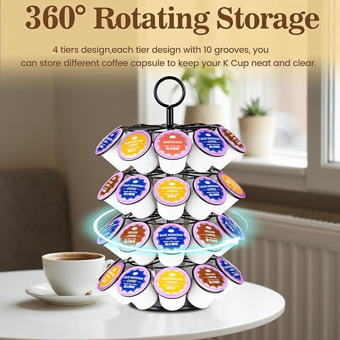 Coffee Pod Holder, K Cup Holders,Coffee Pod Storage Carousel Holder Organizer Compatible with K Cups Pods ,Spins 360-Degrees Design ,40 Pods Capacity, Round, Black