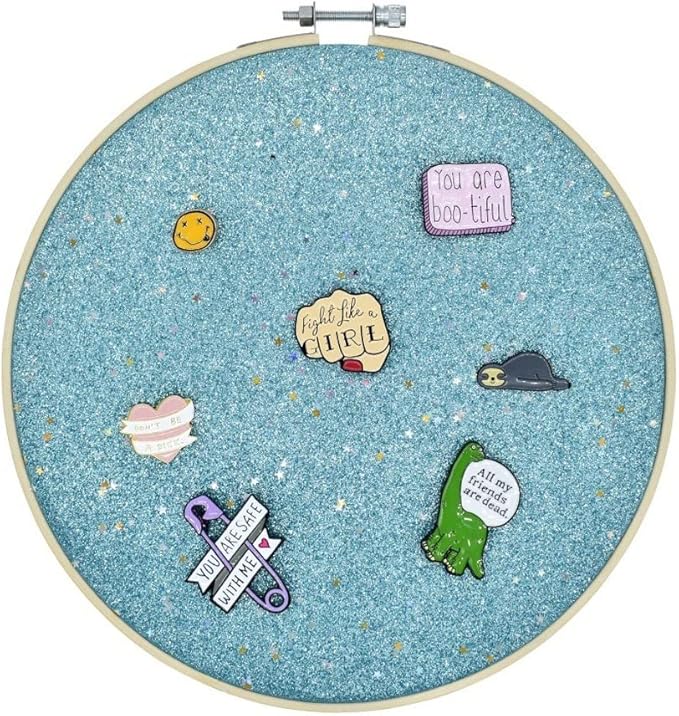 Round Badge Brooch Display Wall Hanging Pin Display Glitter Board Jewelry Storage Pin Collection Banner with Bamboo Hoop for Enamel Pins Buttons and Labels (Sky Blue-Faux Leather)
