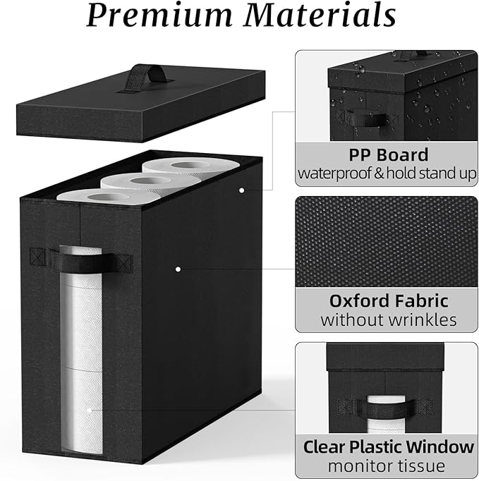 NAMTSO Bathroom Toilet Paper Storage with Lid - for Up to 12 Rolls | Storage Bins with Lids for Towel or Yarn | Free Standing | Foldable | Moisture Resistant | Clear Plastic Window | Black | 1 Pack
