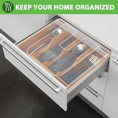 Bamboo Silverware Organizer,Wooden Silverware Tray for Drawer, Utensil Drawer Organizer in Kitchen for Spoons Forks Knives, Multipurpose Use, Eco-Friendly, Large
