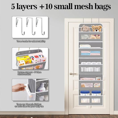 KYEVIS Over The Door Organizer, 5 Shelves Closet Door Hanging Organizer with 10 Mesh Pockets, Nursery Closet Organizer, Baby Essentials, Dorm Room Essentials for Girls