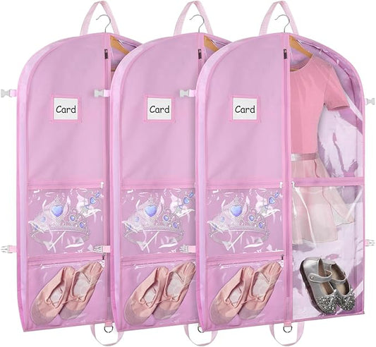 Zilink 40" Dance Garment Bags for Dancers Clear Garment Bags for Dance Costume with 5 Clear Zipper Pockets Stable Buckles and Carry Handles for Dance Competition Closet Storage, Set of 3